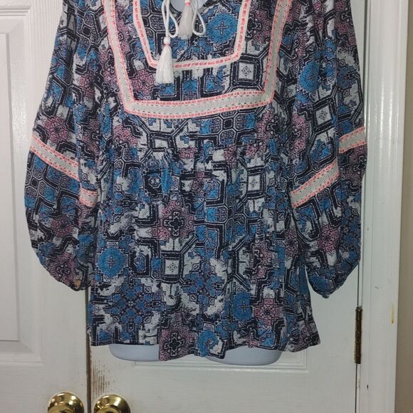 Vintage America boho 3/4 sleeve top Sz M - Picture 2 of 5